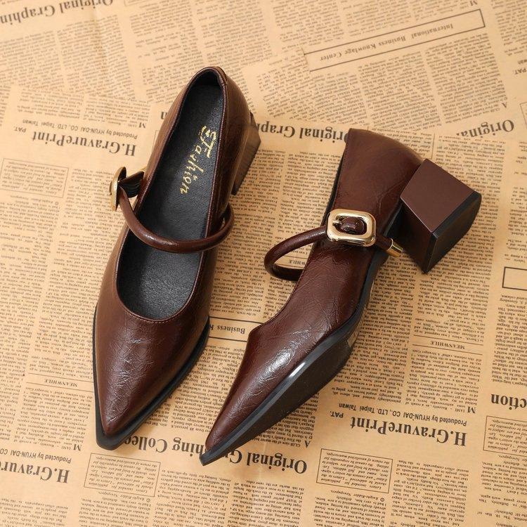 Autumn one-word pointed temperament high-heeled leather shoes women's new versatile retro Mary Jane single shoes