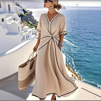 European and American V-neck Women's Fashion and Elegance Temperament Commuter Women's Printed Striped Dress Printed Women