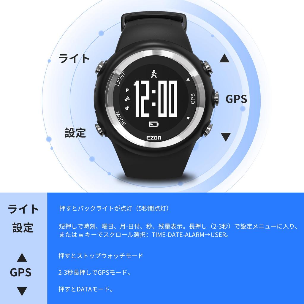 EZON T031 GPS Laufuhr für Herren mit Geschwindigkeits-, Distanz-, Tempo-Alarmen, Kalorienzähler und Stoppuhr, Schwarz (TPU Ersatzarmband).