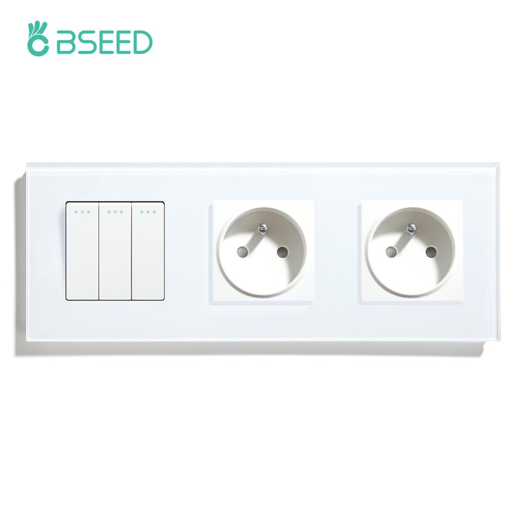 BSEED 1/2/3Gang Mechanical Wall Light Switch 1Way Plus French Socket USB Type-c Ports USB Power Sockets Glass Frame 16A