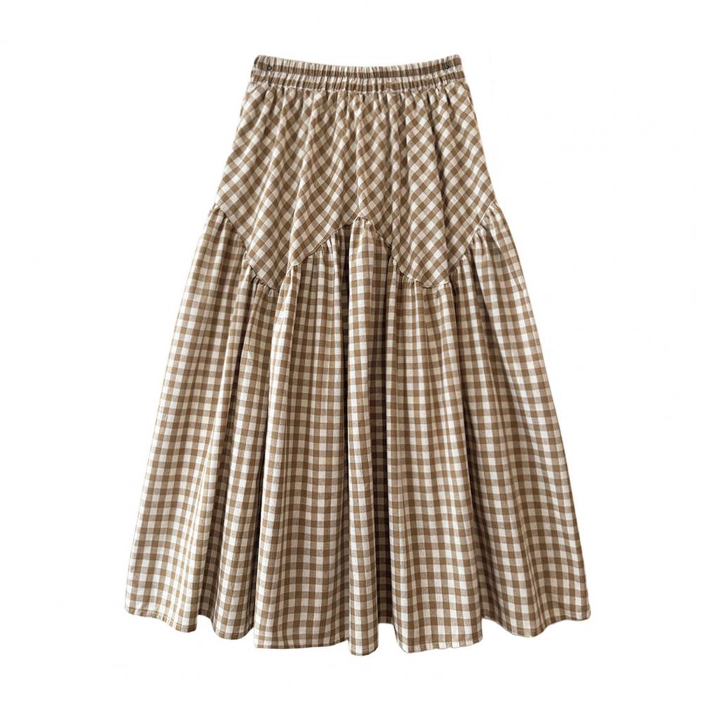 Women Midi Skirt Plaid Print Stitching Design A-Line Skirt Elastic High Waist Retro Style Swing Skirt Daily Wear