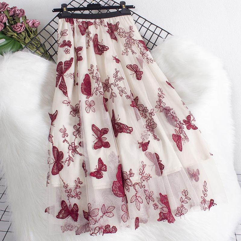 Autumn and Winter High Waist All-match Flower Stitching A-line Skirt Mesh Skirt Mid-length Long Skirts for Women Slim