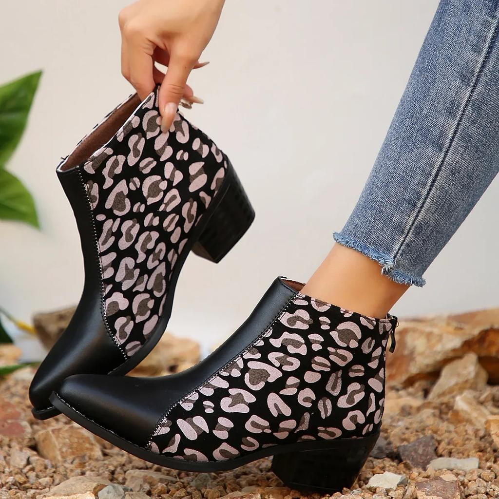 Fashion Shoes for Women  Leopard Ankle Boots Woman Pointed Toe Patchwork Short Barrel Chunky Heel Large Size Western Boots 2024