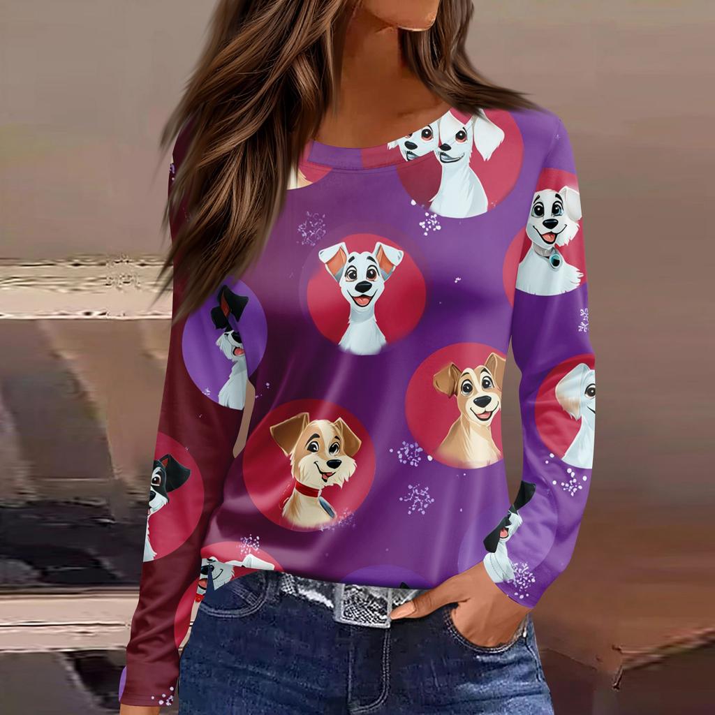 Women's Fashion Casual Slit Hem Round Neck Long Sleeve Loose Christmas Printed T-Shirt Ladies Top