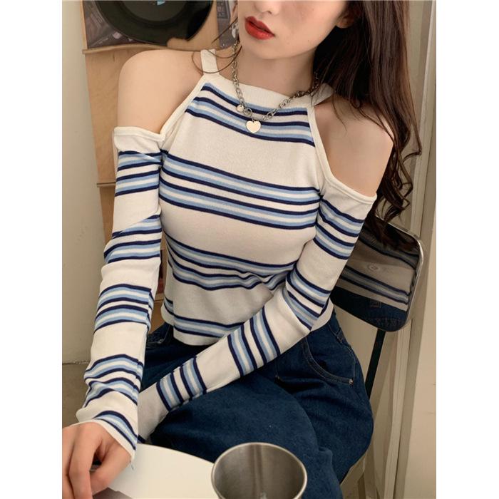 

Женский вязаный свитер с полосками, халтер, с открытыми плечами, длинный рукав, идеально подходит для весны и осени One Size белый