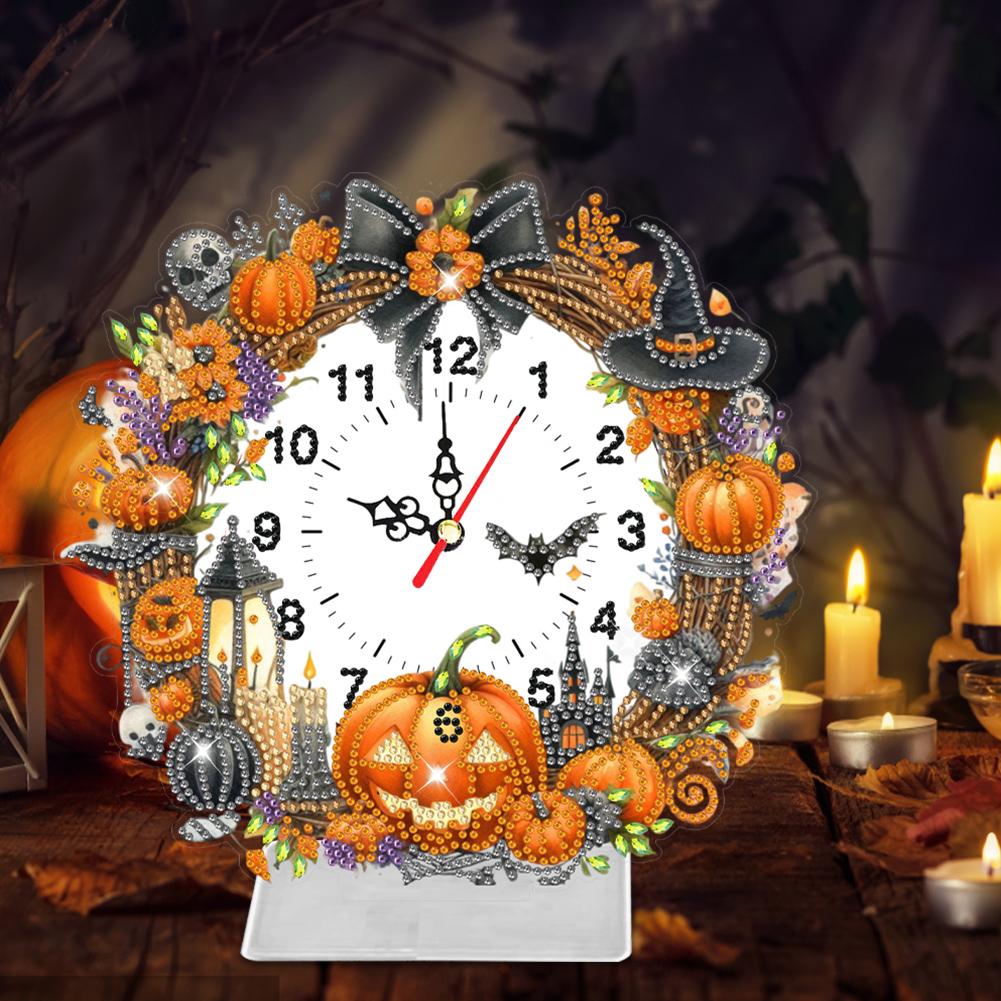 Acrylic Special Shaped Halloween Pumpkin DIY Crystal Diamond Clock Kit Diamond Painting Clock Handicraft for Home Table Decor