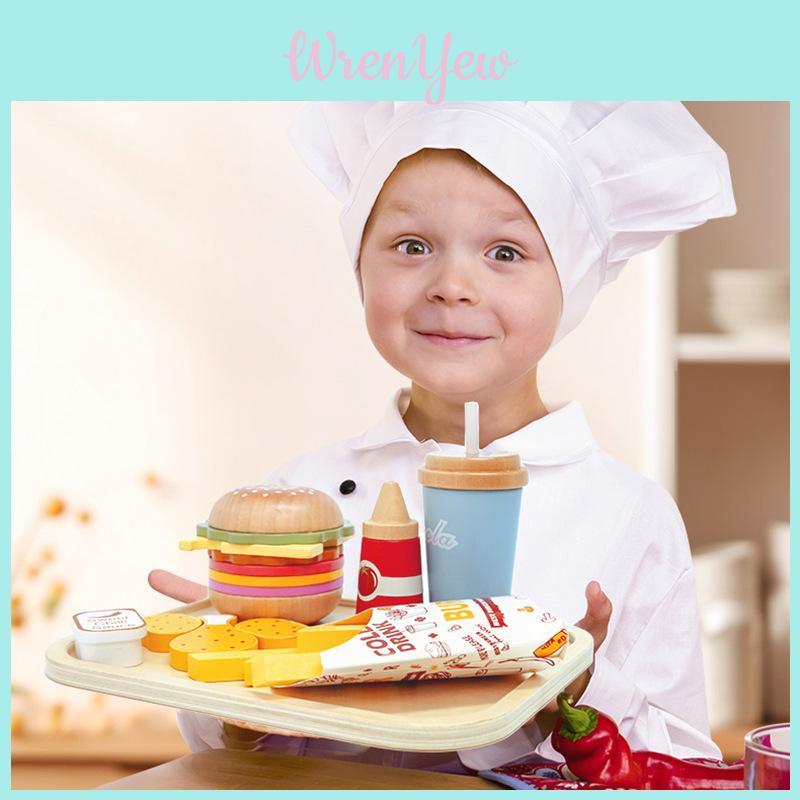 Fun Wooden Simulation Burger French Fries Beverage Kid Toy Set For Kids Learning And Imagination