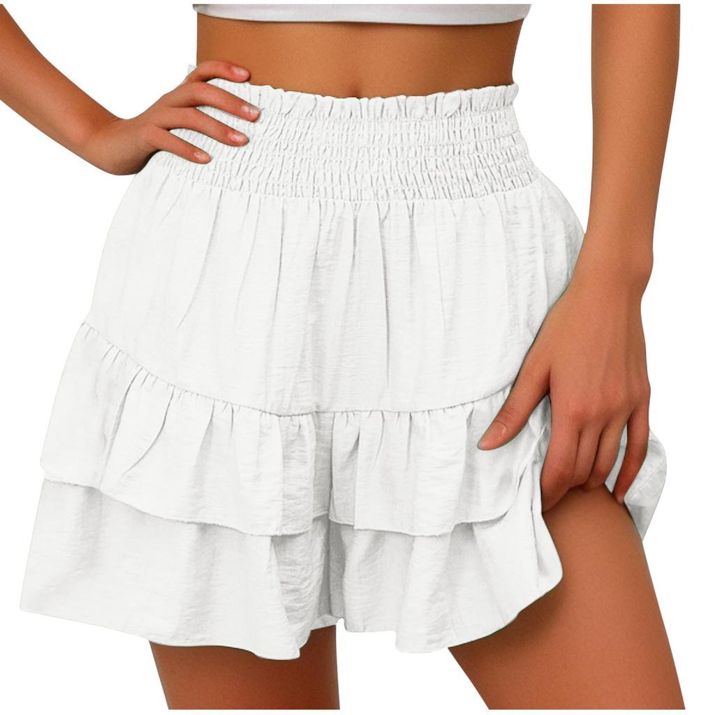 Women High Waist Smocked Ruffle Skort Layered Tiered Casual Summer Wide Leg Shorts Skirt