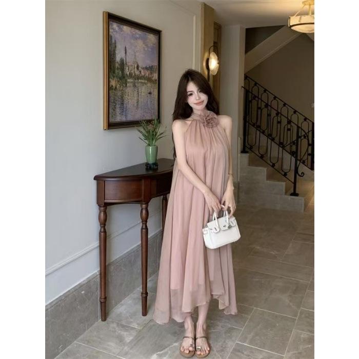 Design-Sense Floral Halter Neck Off-Shoulder Pleated Fishtail Dress - Fairy Summer Vacation Style Extra Large (XL)