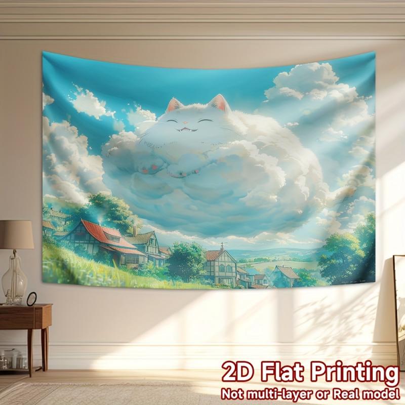 VIKAMA Anime Winds Domo Cat Tapestry Pastoral Landscape Pattern Living Room Decorative Hanging Anime Room Decoration
