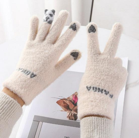 Women's Winter Touchscreen Wool Gloves - Thick Velvet, Warm & Cute Cycling Five-Finger Cold-Proof Design