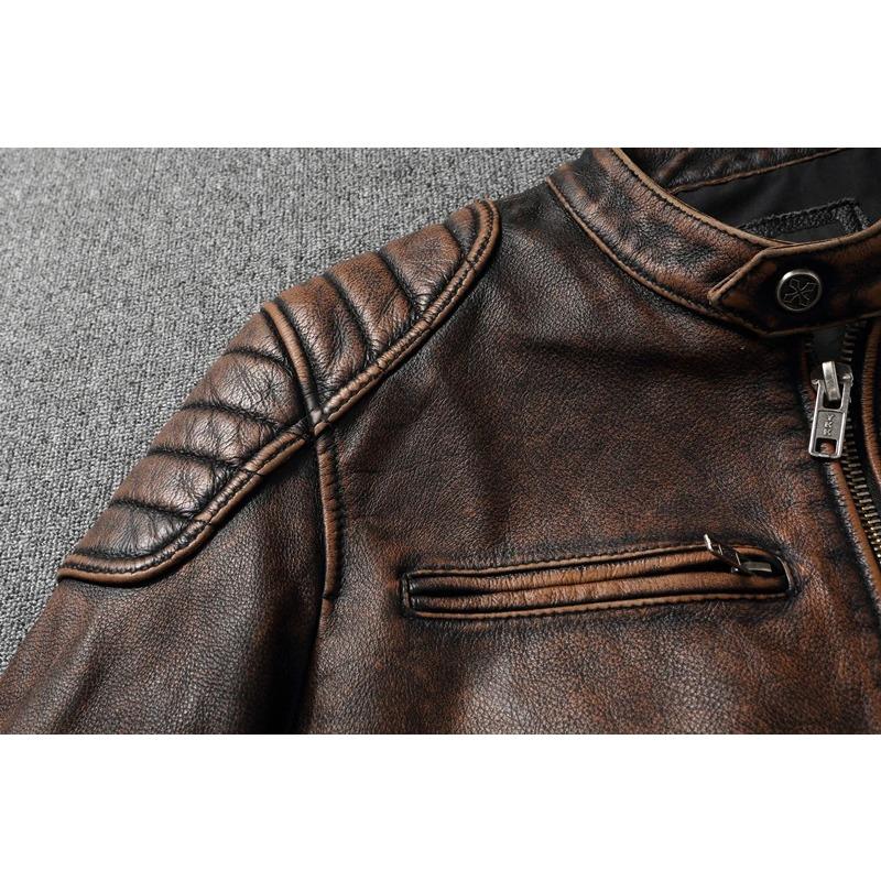 Chinese Size Vintage Yellow Brown Real Cowhide Genuine Leather Jacket Men Motorcycle Coat Mens Biker Clothes Spring Autumn Asian Size 6XL