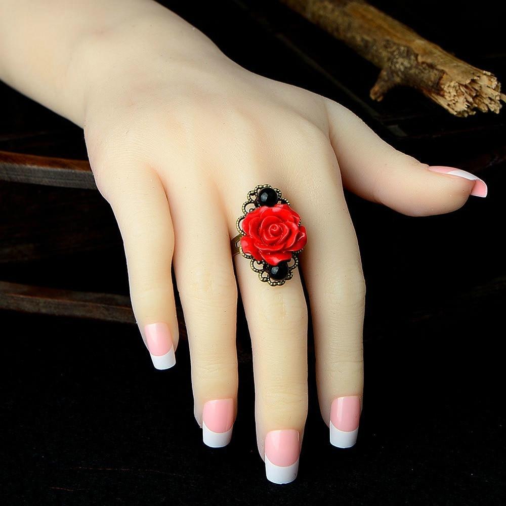 Gothic Style Adjustable Black Beads Red Rose Flower Antique Bronze Rings for Women National Jewelry