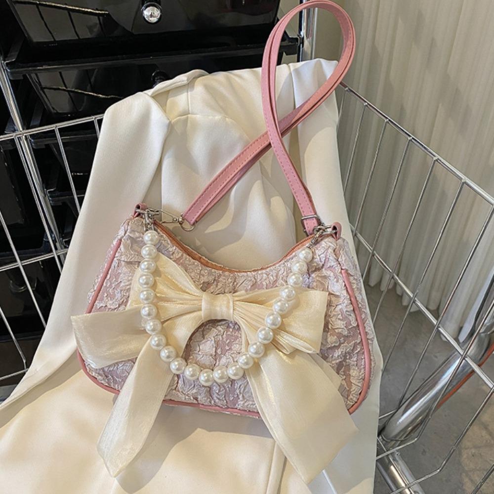 Pearl Bow Shoulder Bag Canvas Small Square Bag Luxury Bow Underarm Bag  Girls