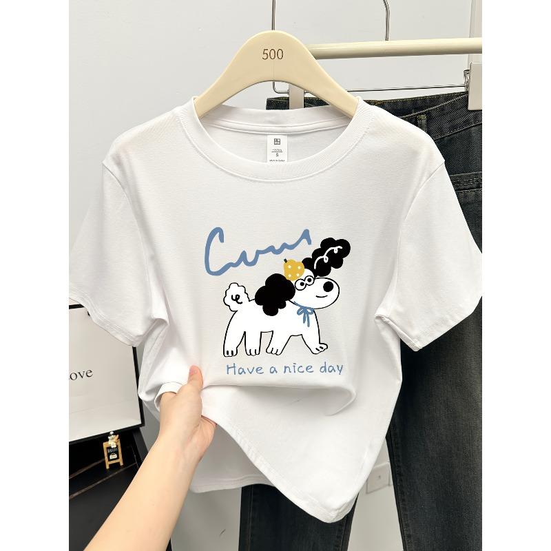 

A New Summer Short-Sleeve T-Shirt Designed for Women, Featuring a Trendy Small Dog Print, Perfect for a Stylish Look with a Round Neck S белый