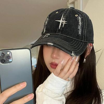 Street Retro Old Denim Ripped Baseball Cap Female Couple European and American Trendy Brand Star Rhinestone Baseball Cap Showing Small Face