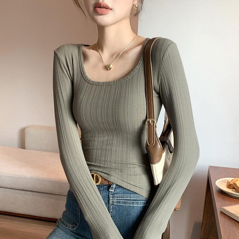 Kadın Günlük Uzun Kollu Tişörtler İlkbahar Sonbahar Düz Slim Fit Kazaklar Tişörtler Gömlekler Kadın Temel Tişörtler Üstler