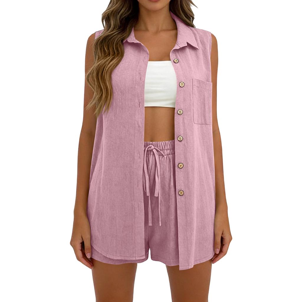 Women's Fashionable Loose Sleeveless Top + Shorts Casual Two-Piece Set