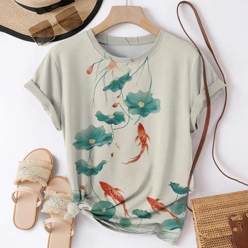 Camisetas Estampadas 3D de Verão Peixe Koi Mulheres Streetwear Moda Casual Harajuku Y2k Camiseta de Manga Curta Gola O Tops Roupas