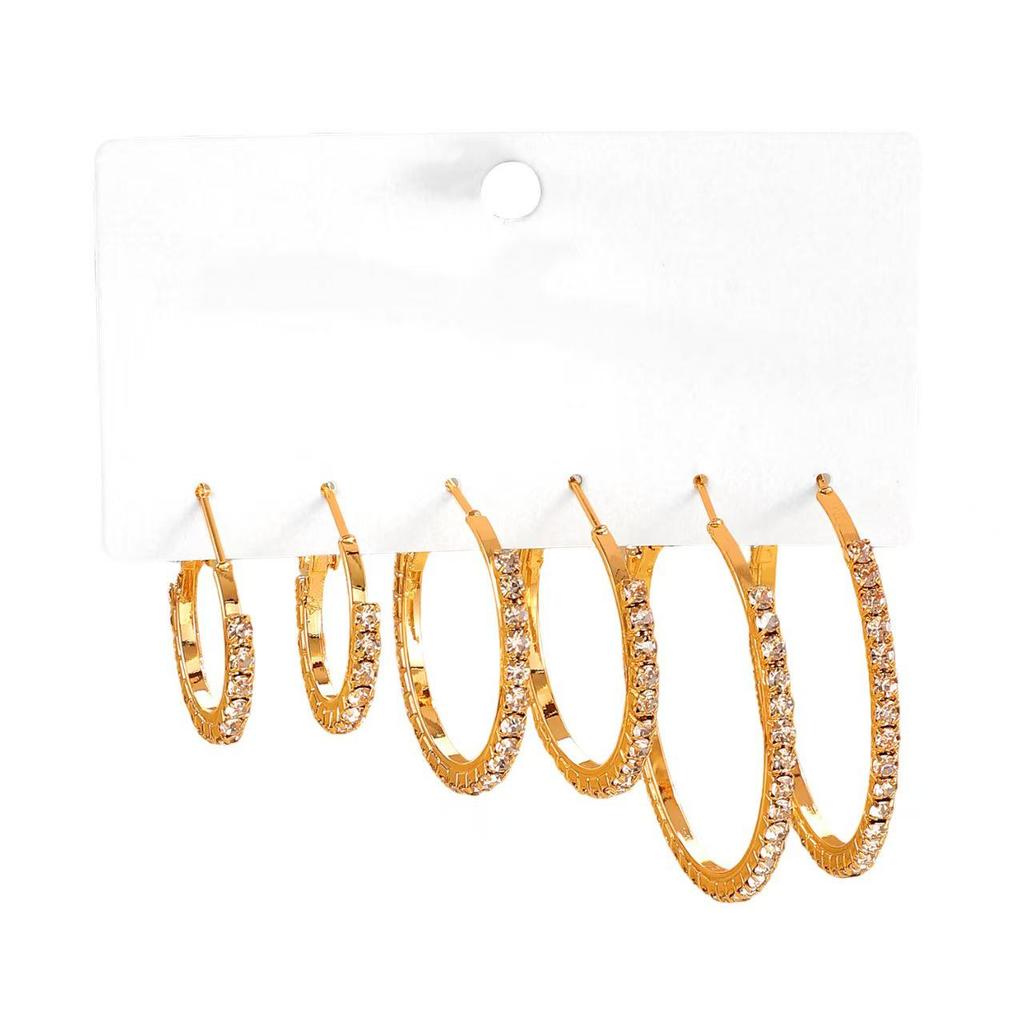 European & American High-End Diamond Ear Cuff Earrings Set - Women's Simple Circle Design (3 Pairs: Large, Medium, Small)