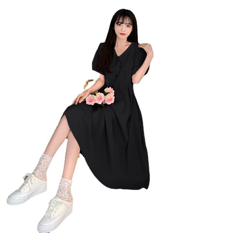 Large size French age-reducing V-neck dress women's summer new design, waist and thin, sweet pink medium and long dress