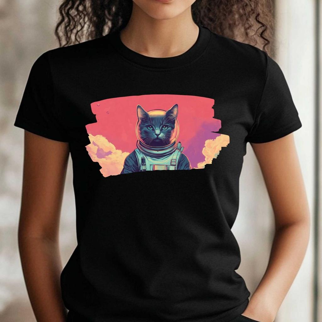 T-Shirt Frauen Katze als Astronaut Motiv Baumwolle Größe XS bis 3XLWird in neuem Fenster oder Tab geöffnet