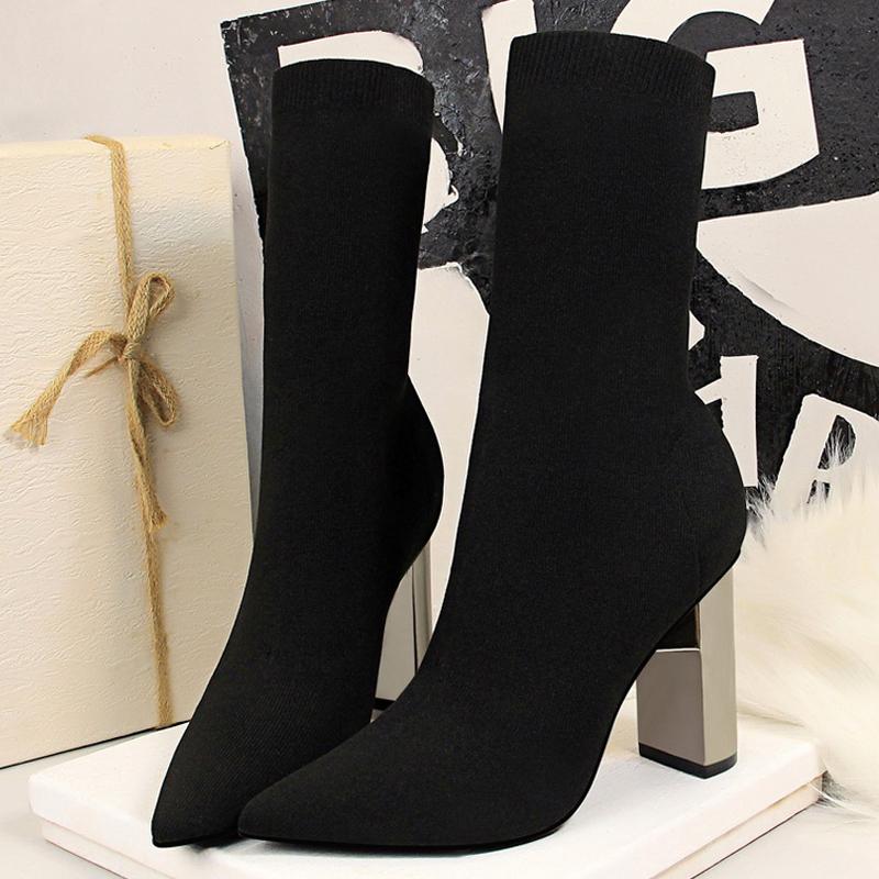 Shoes Women Elastic Sock Boots Metal Block Heel Women Boots Sexy High-heel Boots 2025 New Women Ankle Boots Plus Size 43