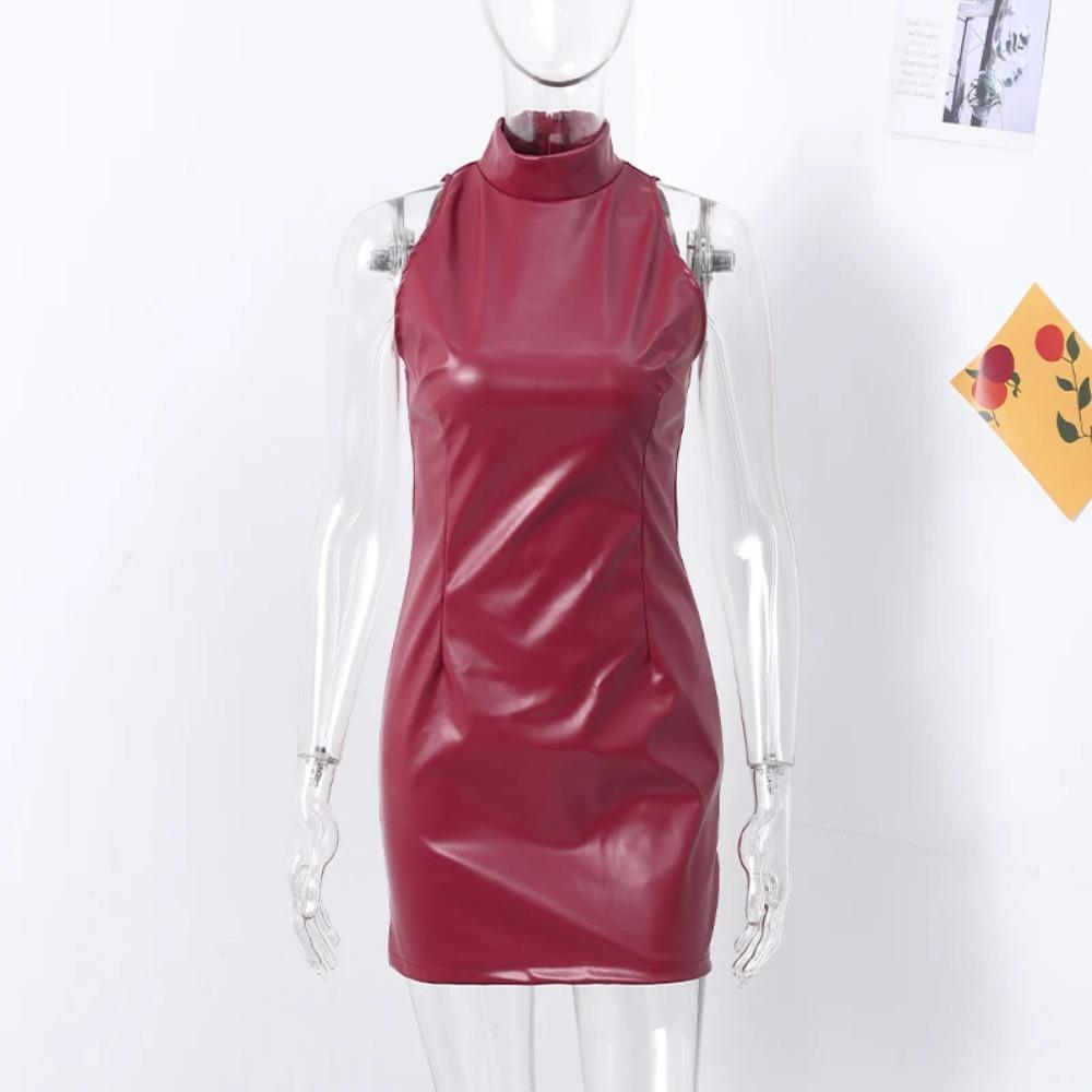 

Модное мини-платье из искусственной кожи для женщин, элегантное облегающее короткое вечернее платье с воротником-стойкой, сексуальное облегающее вечернее платье без рукавов M вино красного