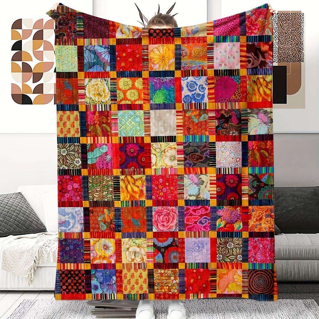 Coperta Plaid Trapuntata Patchwork Vintage in Flanella Pile Morbida Accogliente per Tutte le Stagioni Multiuso Ufficio Esterno Viaggio