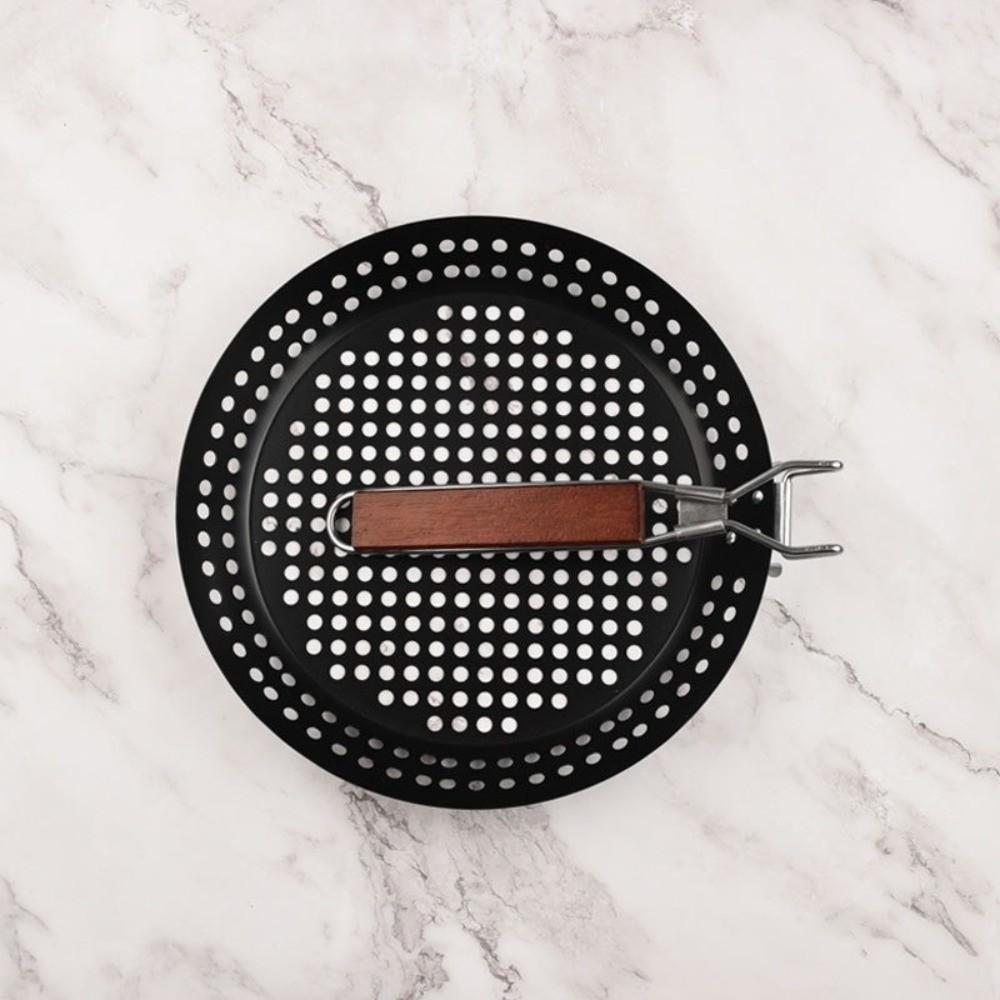 Folding Non Stick Grilling Skillet Round Wooden Handle Barbecue Plate Hollow Heat Resistant Outdoor Grill Topper Hiking Cooking
