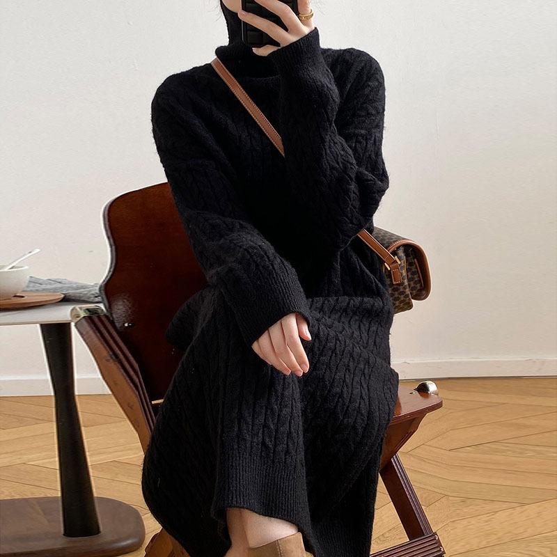 Autumn and Winter Turtleneck Long Twist Knitted Skirt Women's Loose Thickened Warm Sweater Skirt Knee Dress Tide