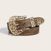 Fashion PU Leather Western Cowboy Belt Vintage Casual Wide Waist Belt Retro Metal Engraved Buckle Jeans Belt for Men Women