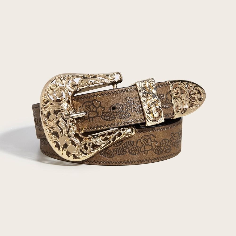 Fashion PU Leather Western Cowboy Belt Vintage Casual Wide Waist Belt Retro Metal Engraved Buckle Jeans Belt for Men Women