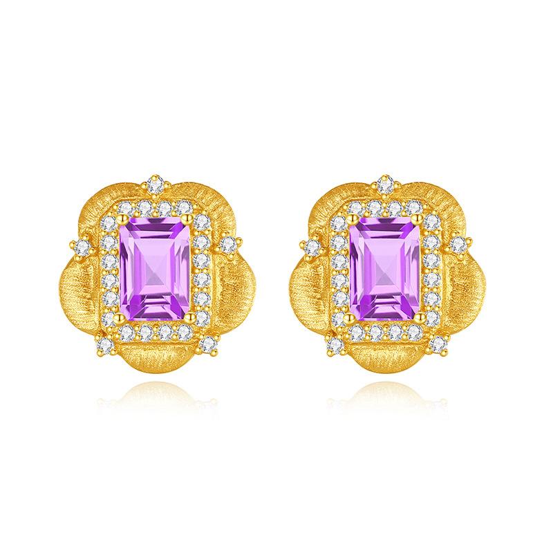 European American Retro Italian Brushed Natural Crystal Stone Earrings S925 Sterling Silver Stud Earrings Women's Jewelry Gift