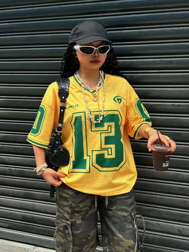 Summer New Retro Black Los Angeles 13 Print T-Shirt For Women V-Neck Short Sleeve Sports Football Jersey Y2K Loose Oversized Top