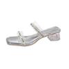2025 new summer slippers outer wear fairy square head double row one-word diamond belt transparent thick heel sandals women's high heels