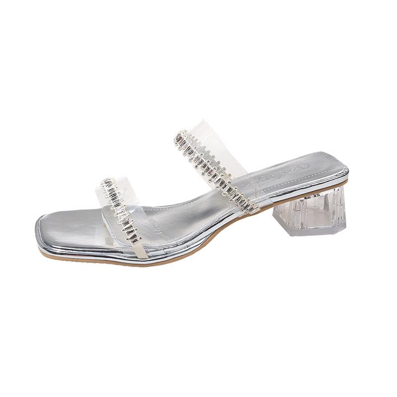 2025 new summer slippers outer wear fairy square head double row one-word diamond belt transparent thick heel sandals women's high heels