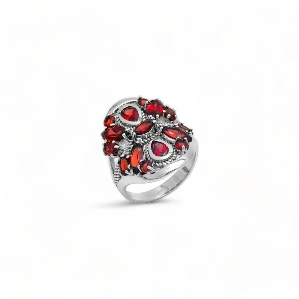 925 Sterling Silver Garnet Cluster Ring – Natural Red Gemstone Statement Jewelry for Women
