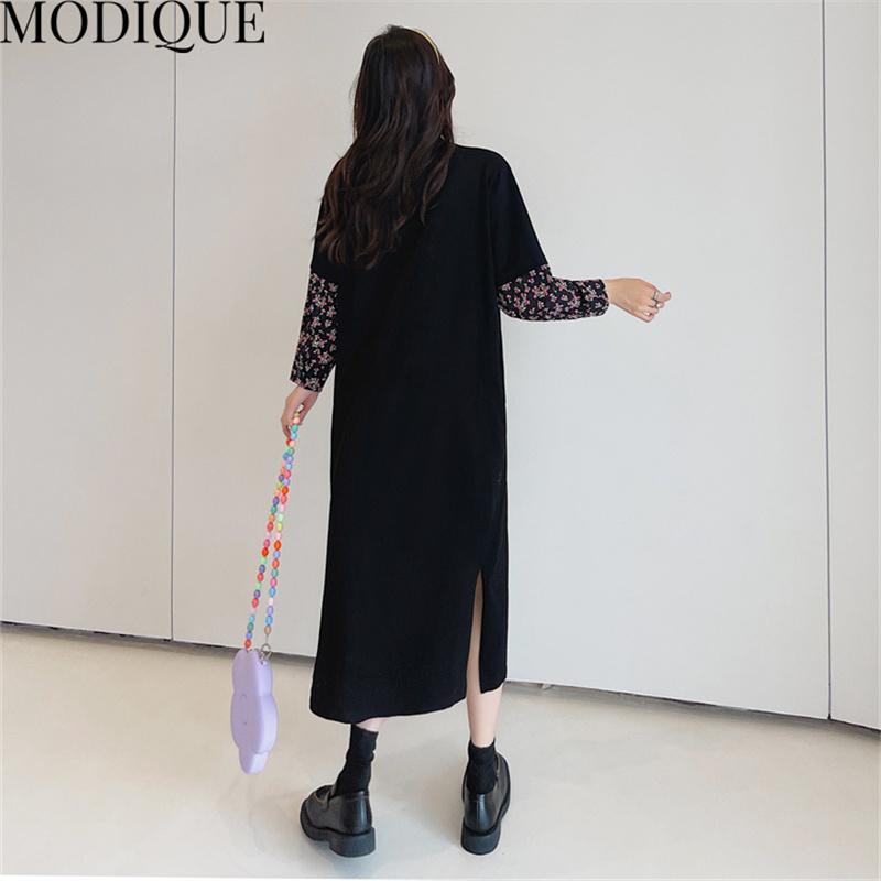 MODIQUE Jesień Plus Size Nowe Długie Sukienki Kobiety Luźne Sukienki w Słodki Nadruk Kwiatowy Kobieta Podstawowe Casual Długi Rękaw Szyty O-Neck Spódnica