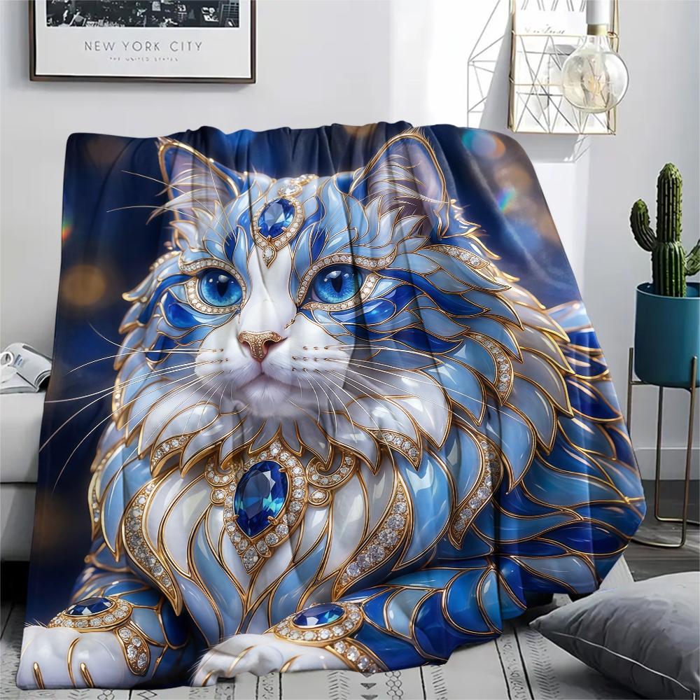 Blue Gemstone Puppy Kitten Print Flannel Blanket,High Quality Comfortable for All Seasons,Home Decor,Warmth and Comfort,Perfect for Christmas Gifts