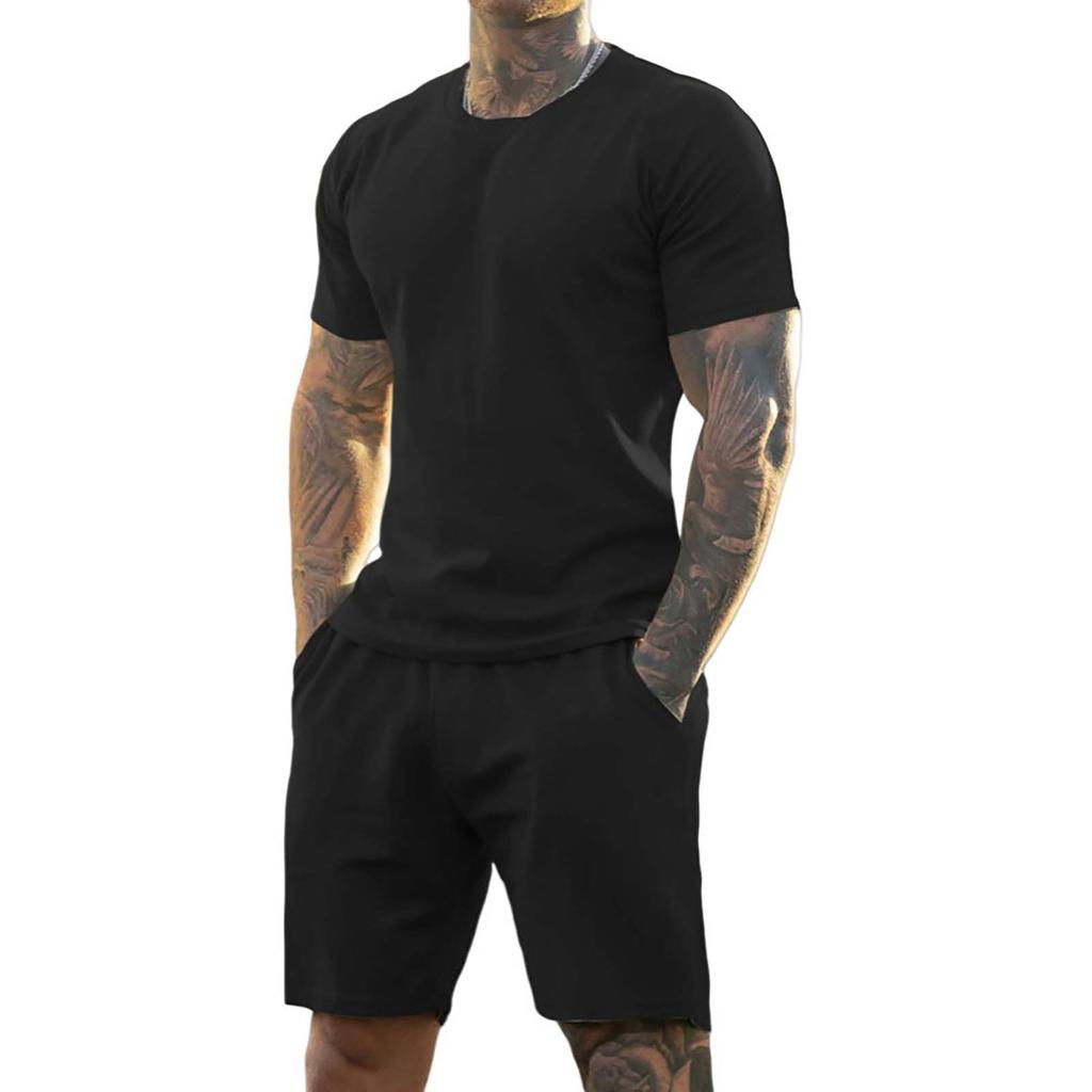 Men's Solid Color Shoulder Short Sleeved Shorts Breathable Men's Casual 2-piece Set
