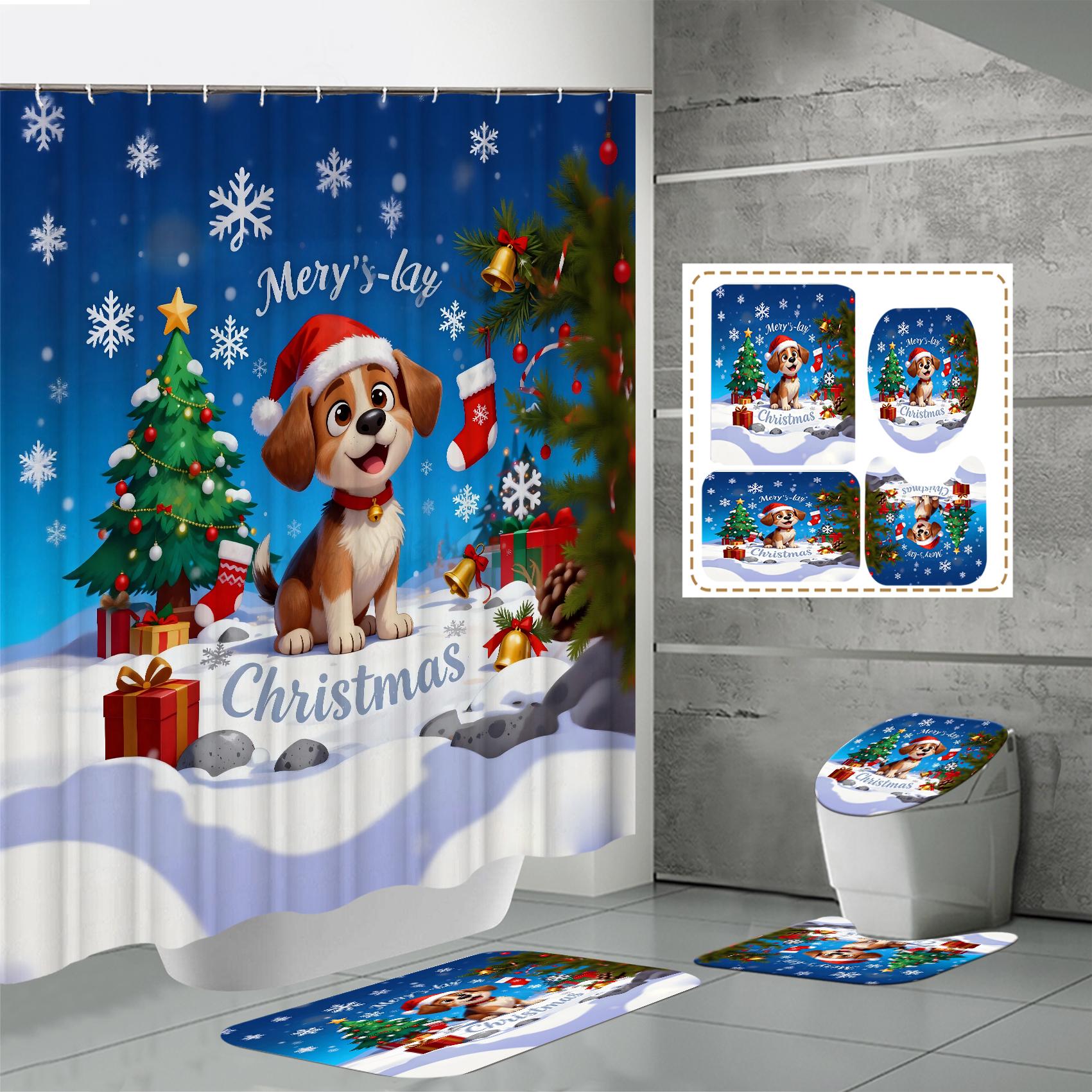 

4 ШТ. Наборы штор для душа со шторкой для душа и ковриками, коврик для крышки унитаза, U-образный коврик и коврик для ванной, набор для ванной комнаты с 12 крючками One Size