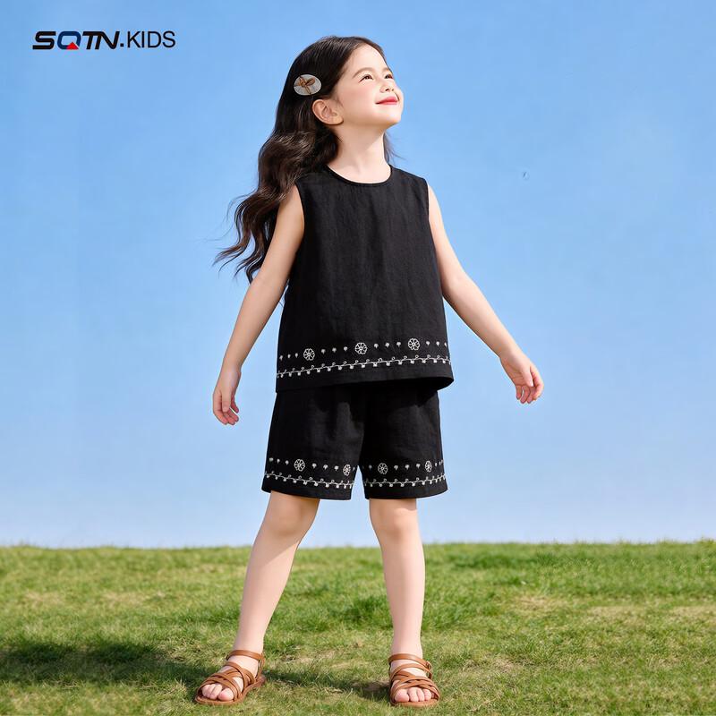 Girls 2026 Summer Sleeveless Vest & Shorts Set 140 чёрный