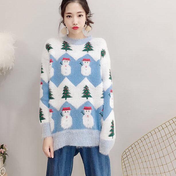 Female Large Size Vintage Loose Print Sweaters Women's Autumn and Winter Sweet Style Knitted Pullover Tops