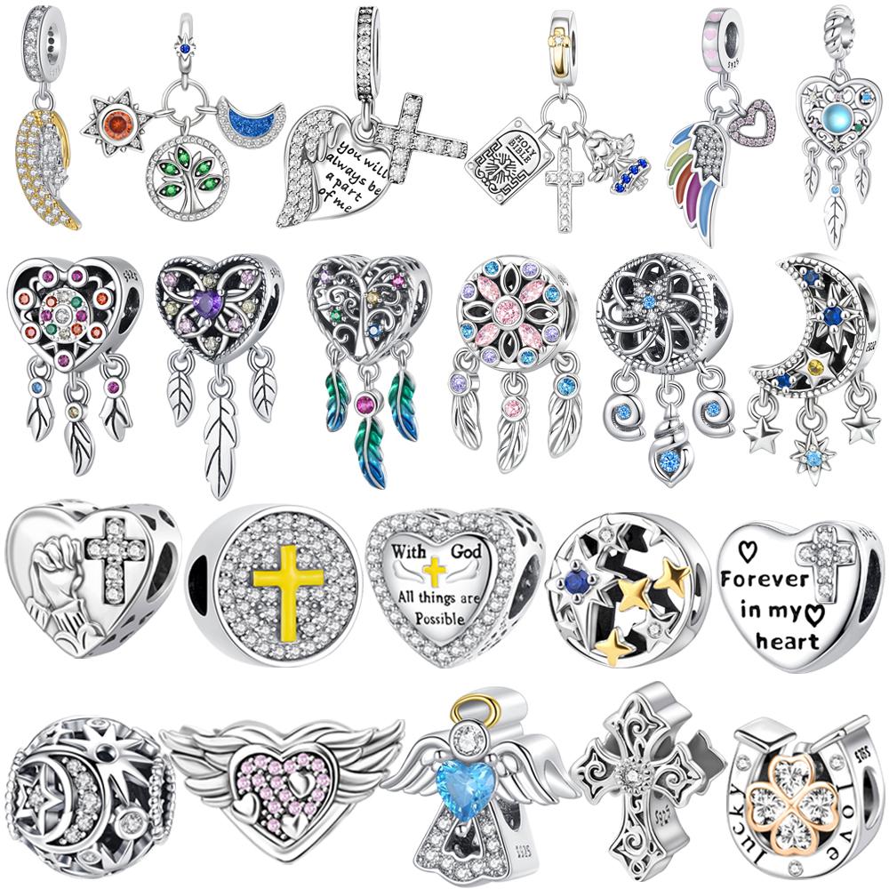 New Charms Copper Dream Catcher Cross Clover Angle Wing Heart Beads Fit Origina Bracelet Necklace Diy Jewelry