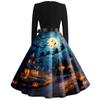 Robe décontractée vintage pour femme avec imprimé Halloween, col carré, manches longues, ceinture à la taille, style rétro, jupe évasée