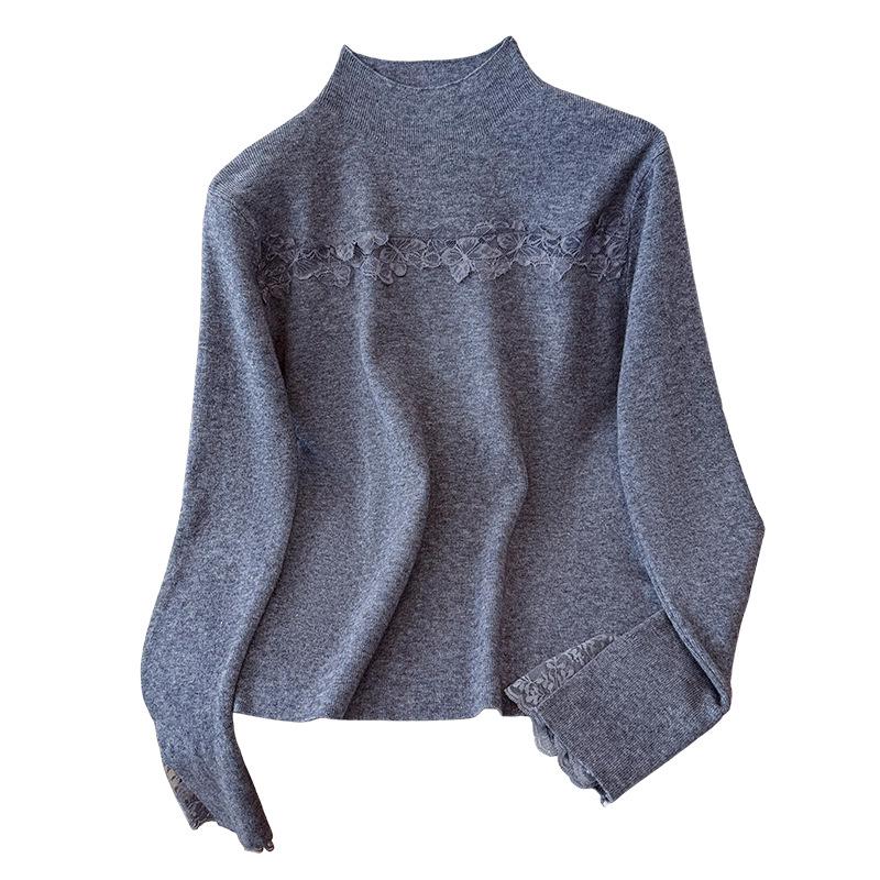 2026 Lace Trim Long Sleeve Korean Style Knit Sweater for Women: Autumn Winter Slightly Sexy Inner or Outer Wear
