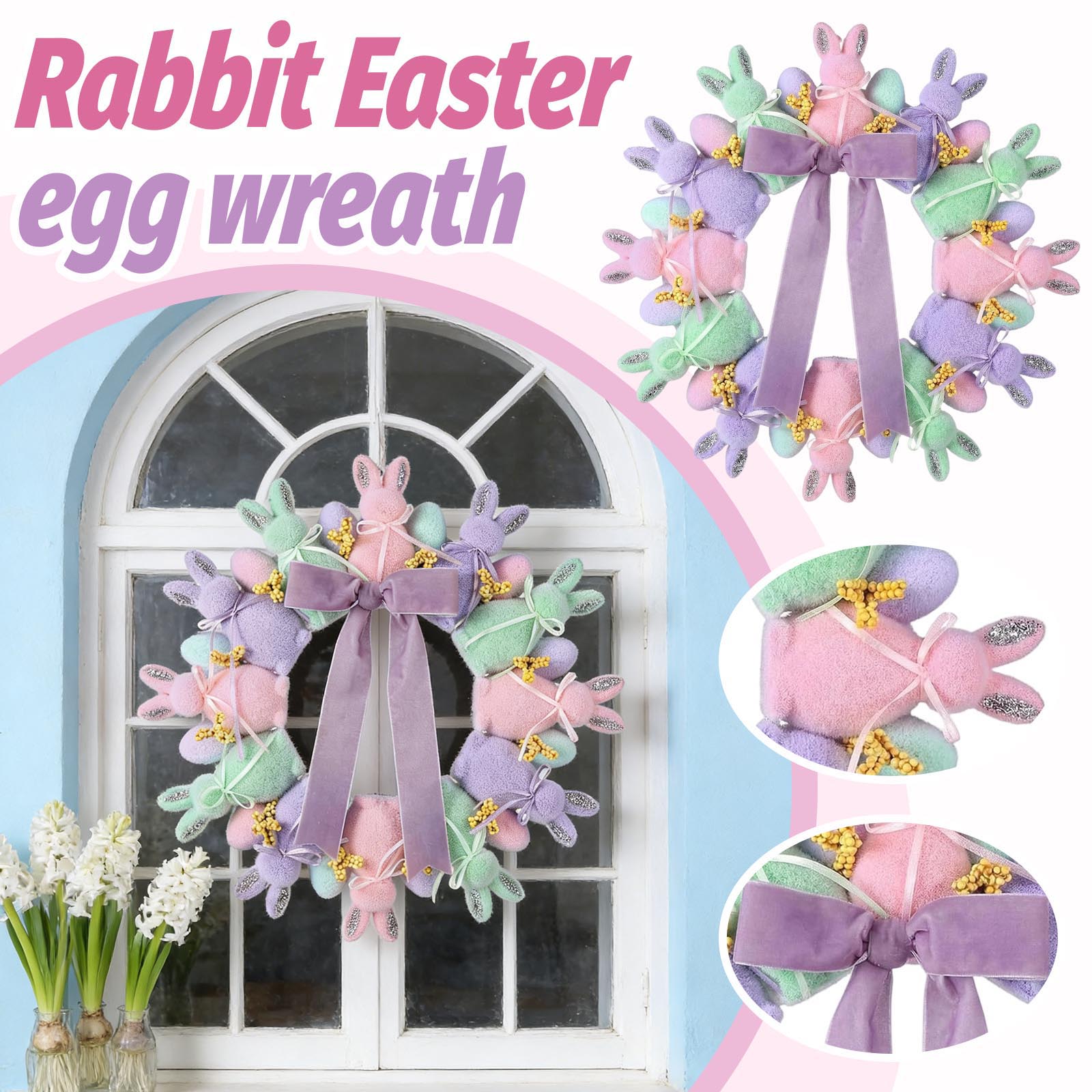 

Easter Colorful Flocked Bunny Egg Wreath Ornament Easter Wreath One Size