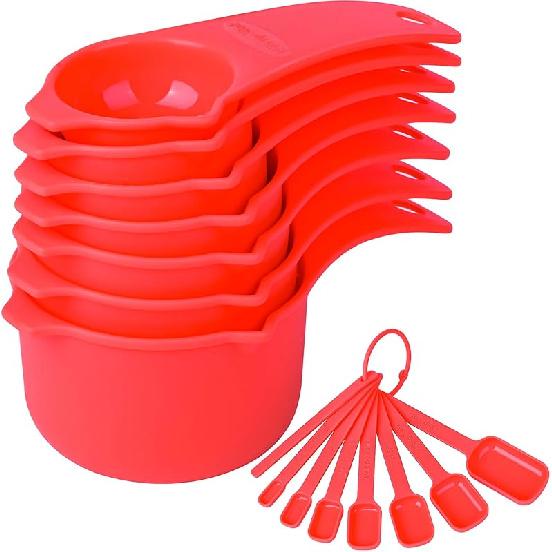 Measuring Cups and Spoons Set 15, 7 Plastic Measuring Cup Set, 7 Spice Long Handle Measuring Spoons with 1 Leveler for Kitchen and Baking, Dry Metric