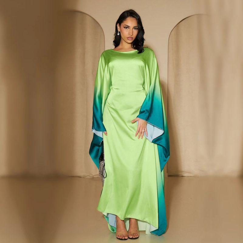 

New round Neck Gradient Color Party Waist-Tight Batwing Sleeve Dress Gradient Bat Sleeves Dress Fruit Green 3 yards